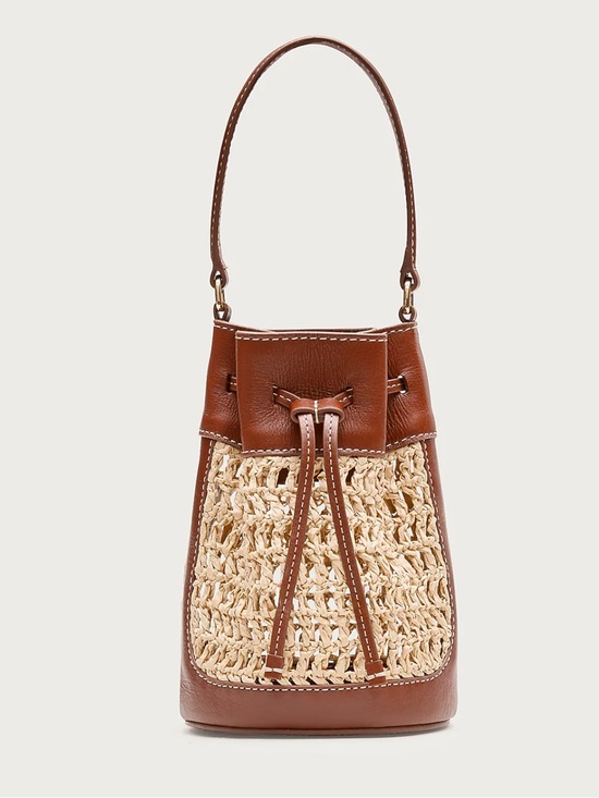 J. Crew Handbags - J. Crew Drawstring Brown English Saddle Leather & Straw Mini Bucket Bag #OA3